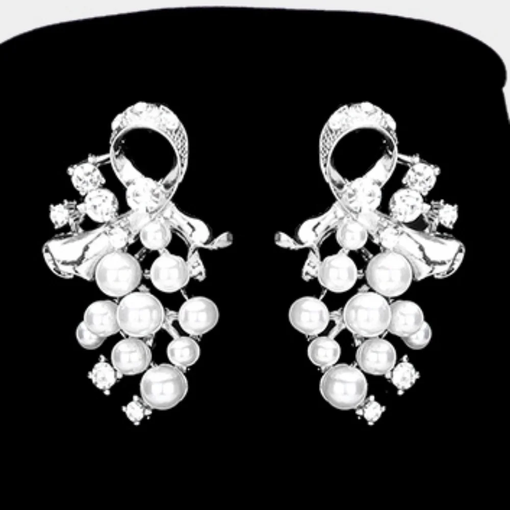 Grape Silver White Pearl Cluster Pendant Earrings Crystal Layered Necklace Set